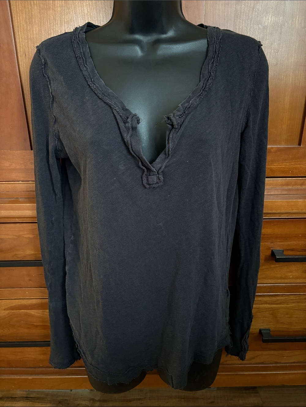 Free People washed black linen blend Henley top